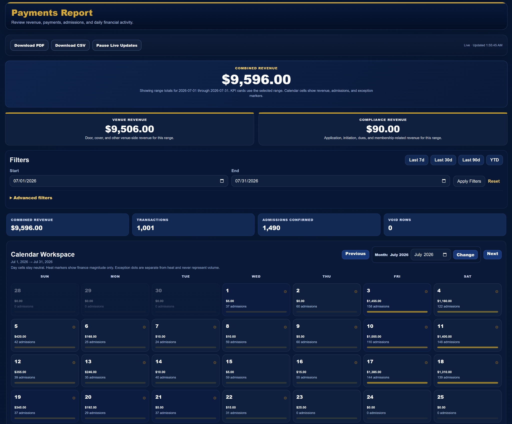 KEYS Payments Report showing revenue totals and a calendar workspace