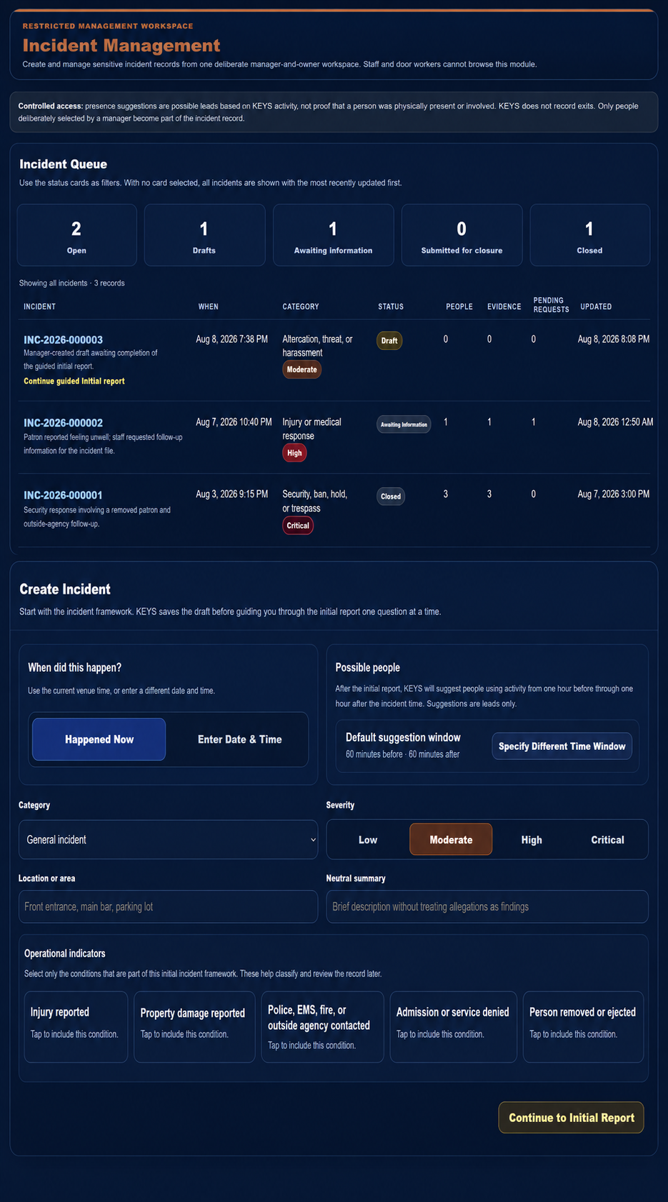 KEYS Incident Management showing the case queue and guided incident creation workspace