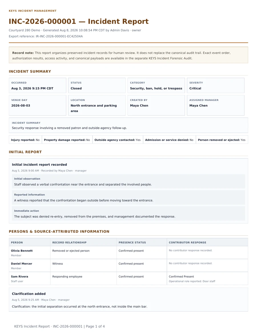 Preview of a closed KEYS Incident Management report