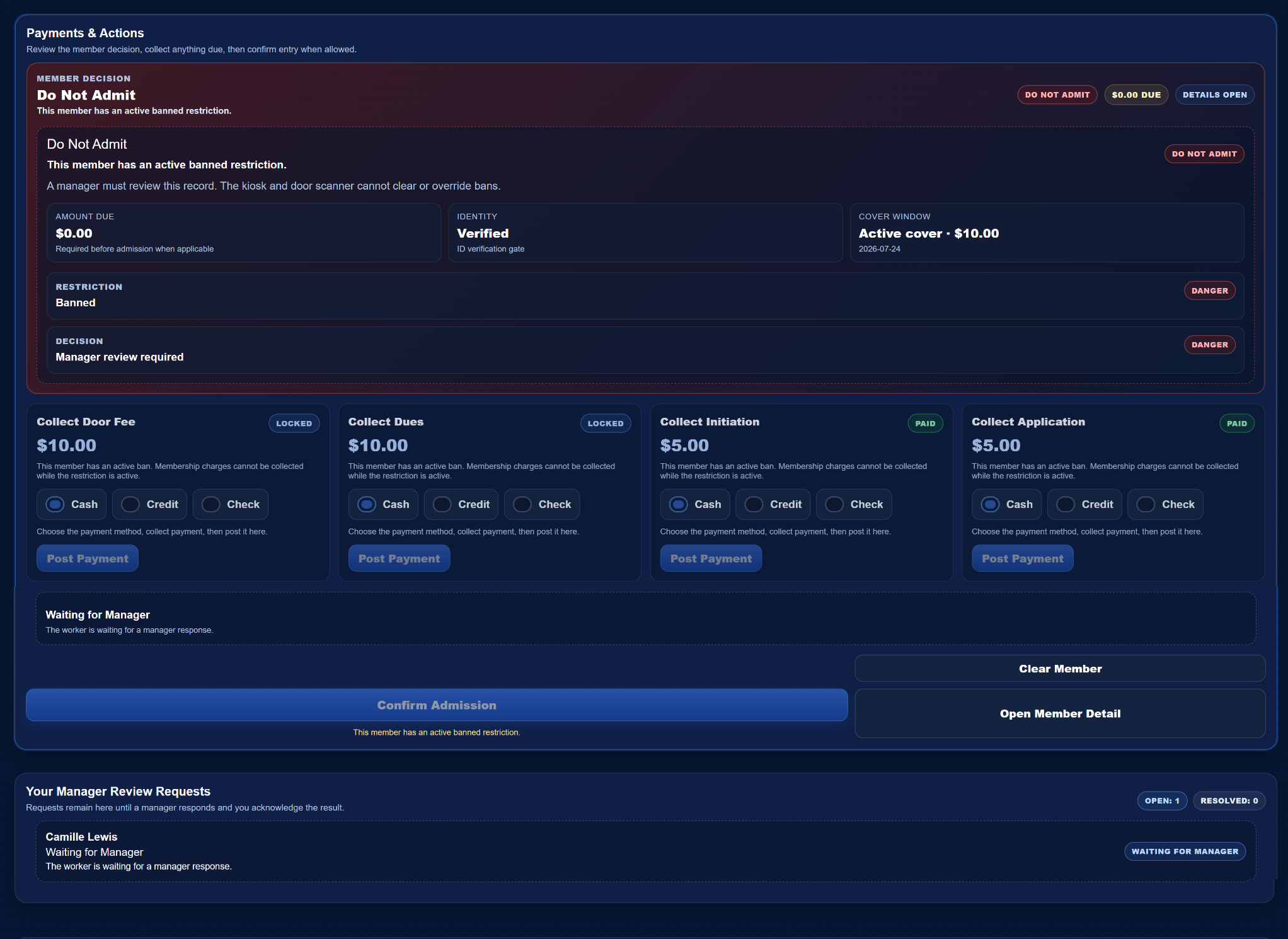 KEYS Staff Kiosk showing a banned member and a manager-review request waiting below