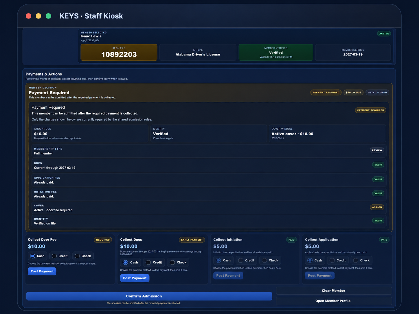 KEYS Staff Kiosk showing a member decision and payment controls