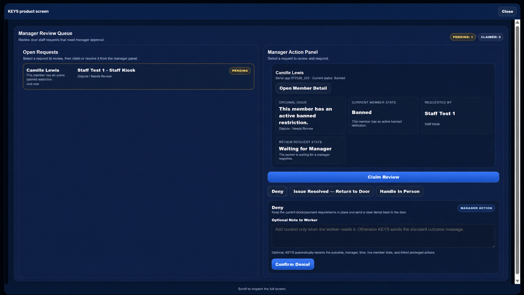 KEYS Manager Review Queue showing a pending request and the manager claim panel